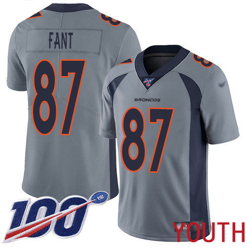 Youth Denver Broncos #87 Noah Fant Limited Silver Inverted Legend 100th Season Football NFL Jersey->youth nfl jersey->Youth Jersey